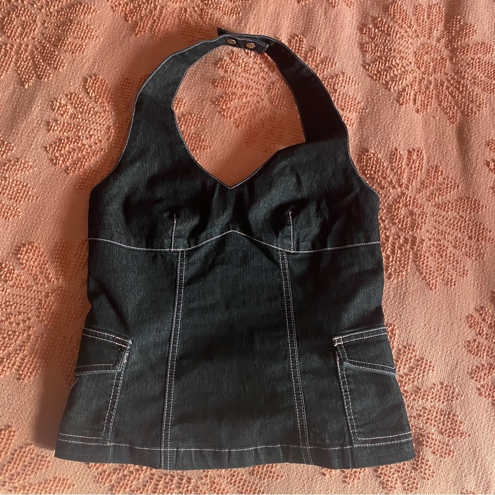 Y2K denim halter top with pink stitching and pockets